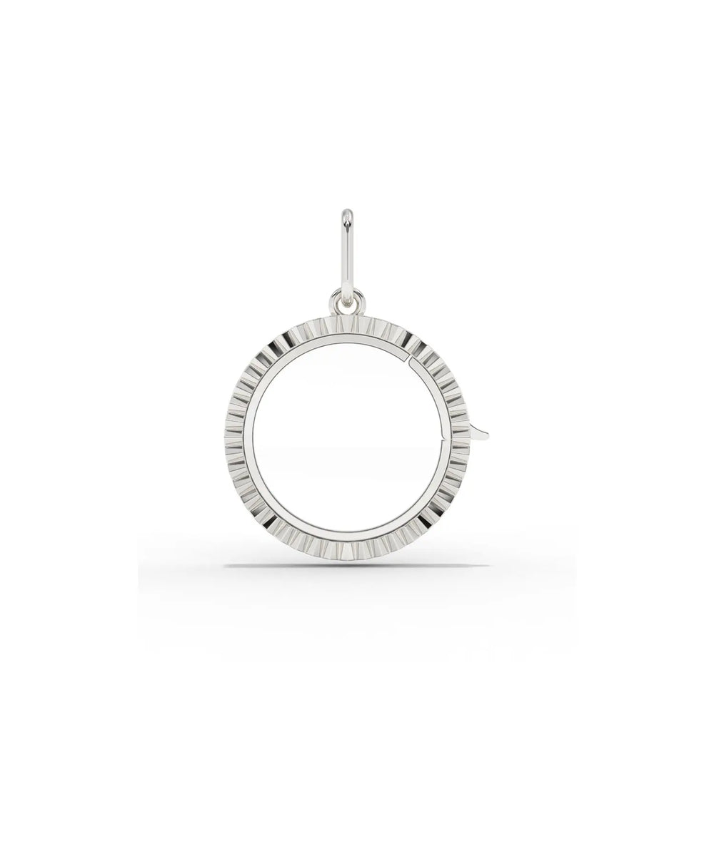 White gold fluted circle glass locket charm with dimensional fluted pattern