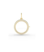 Diamond circle glass locket charm front view in yellow gold with brilliant diamonds