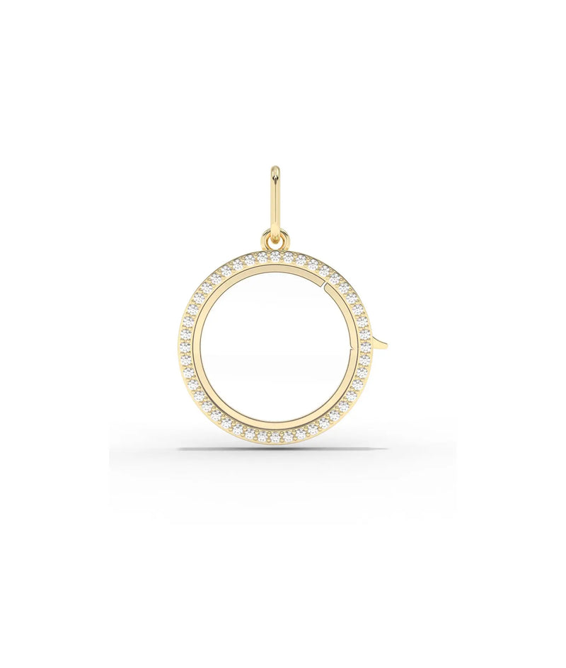 Diamond circle glass locket charm front view in yellow gold with brilliant diamonds