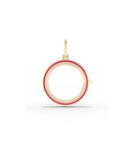 Enamel circle glass locket charm front view in yellow gold with colorful enamel