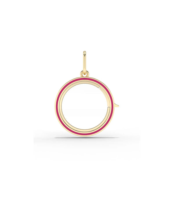 Enamel circle glass locket charm front view in yellow gold with colorful enamel alternate view