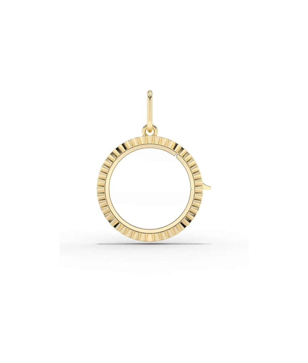 Fluted circle glass locket charm front view in yellow gold with radial grooves