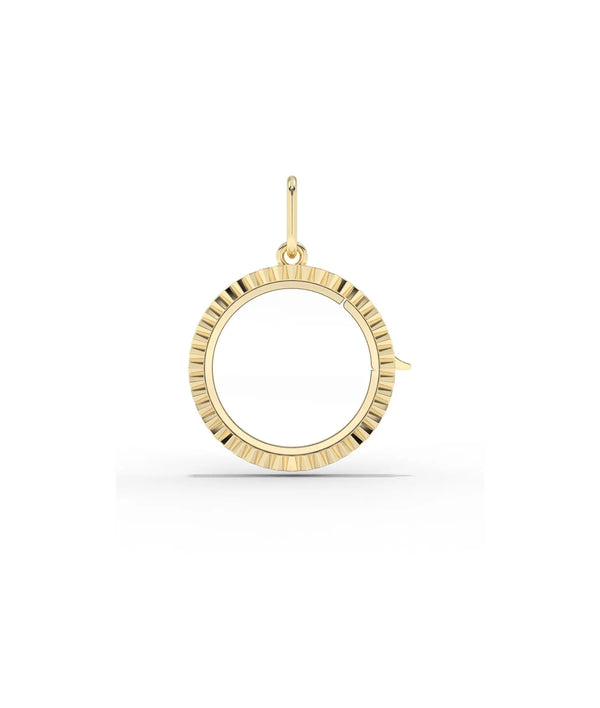 Fluted circle glass locket charm front view in yellow gold with radial grooves alternate view