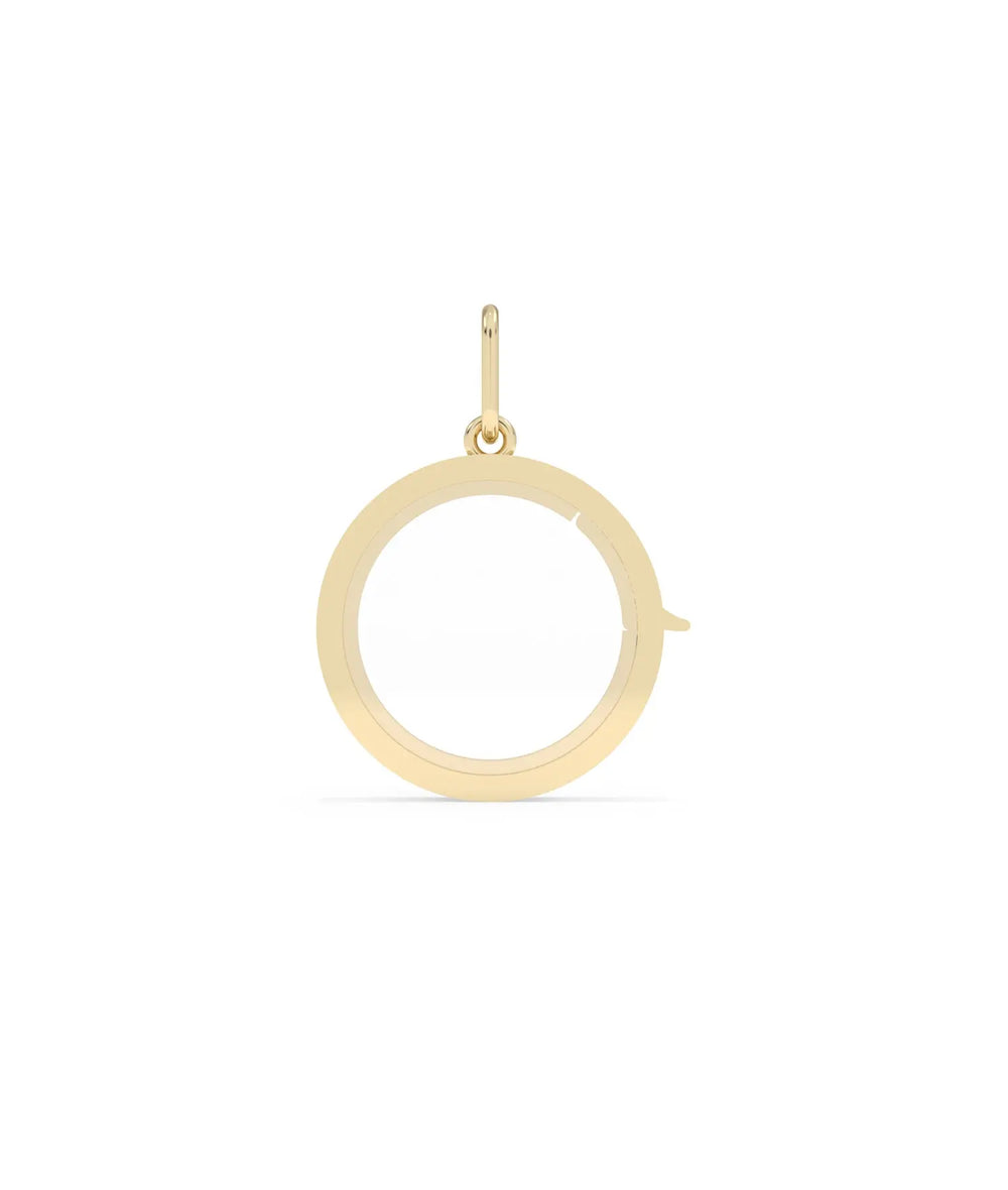 Solid gold circle glass locket charm front view in yellow gold classic round