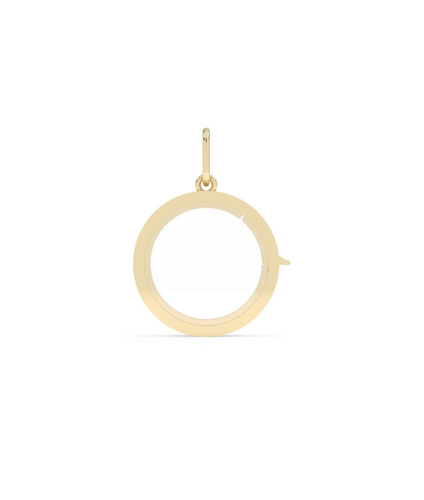 Solid gold circle glass locket charm front view in yellow gold classic round alternate view