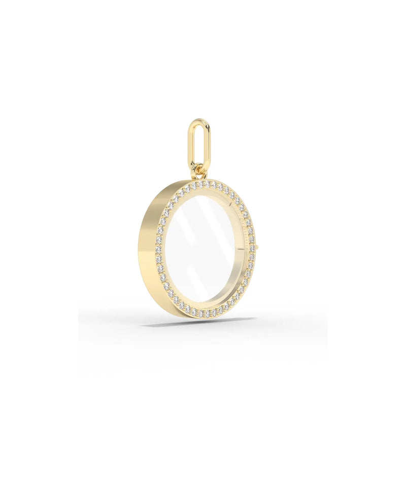 Side profile diamond circle glass locket charm showing diamond halo and latch