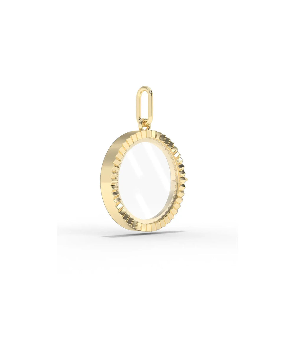 Side profile fluted circle glass locket charm showing textured detail and latch