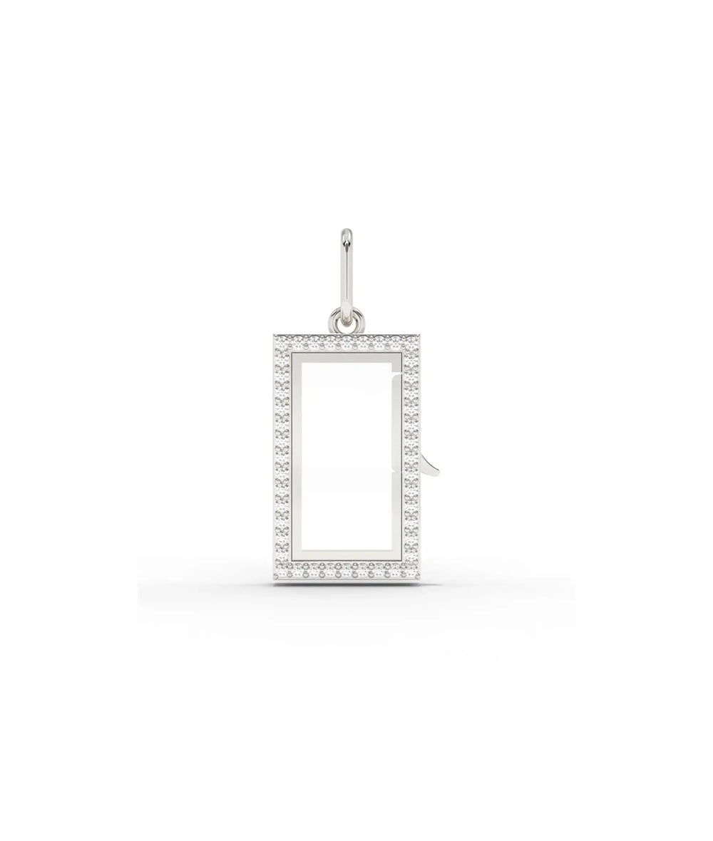 White gold diamond box glass locket charm with sparkling rectangular border