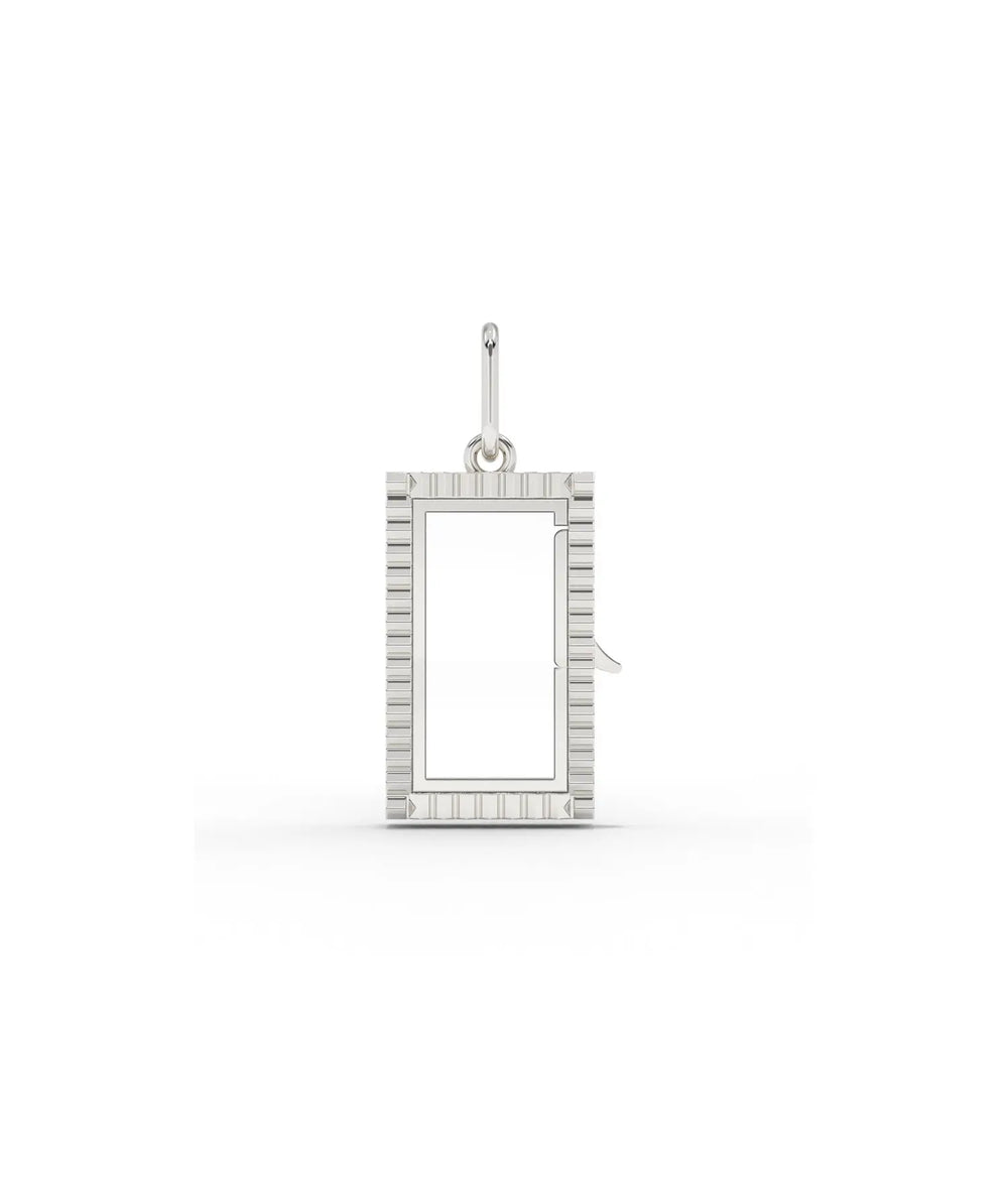 White gold fluted box glass locket charm with architectural fluted detailing