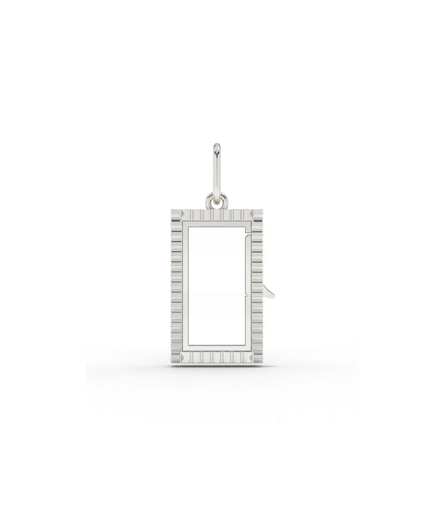 White gold fluted box glass locket charm with architectural fluted detailing