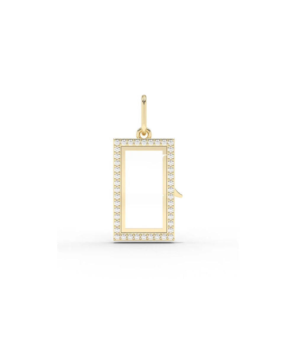 Diamond box glass locket charm front view in yellow gold with brilliant diamonds