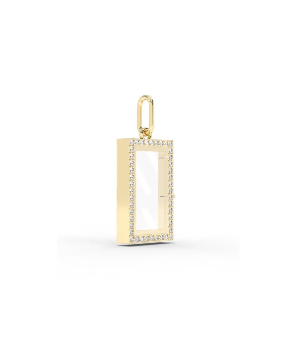 Side angle diamond box glass locket charm showing diamond setting and latch detail