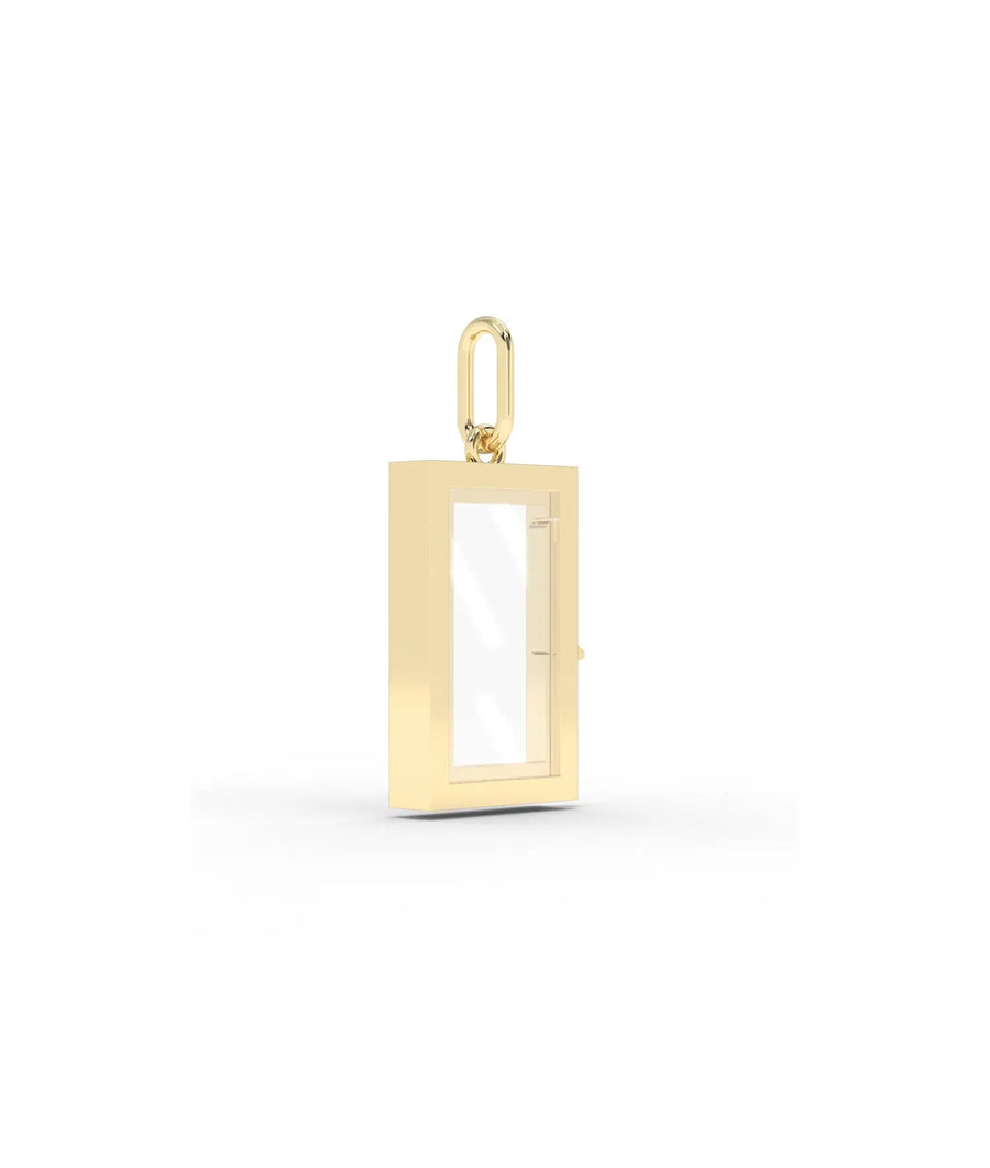 Side angle box glass locket charm showing clean lines and latch mechanism