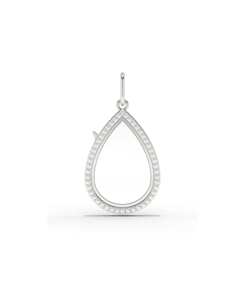 White gold diamond pear shape glass locket charm with brilliant diamond accents
