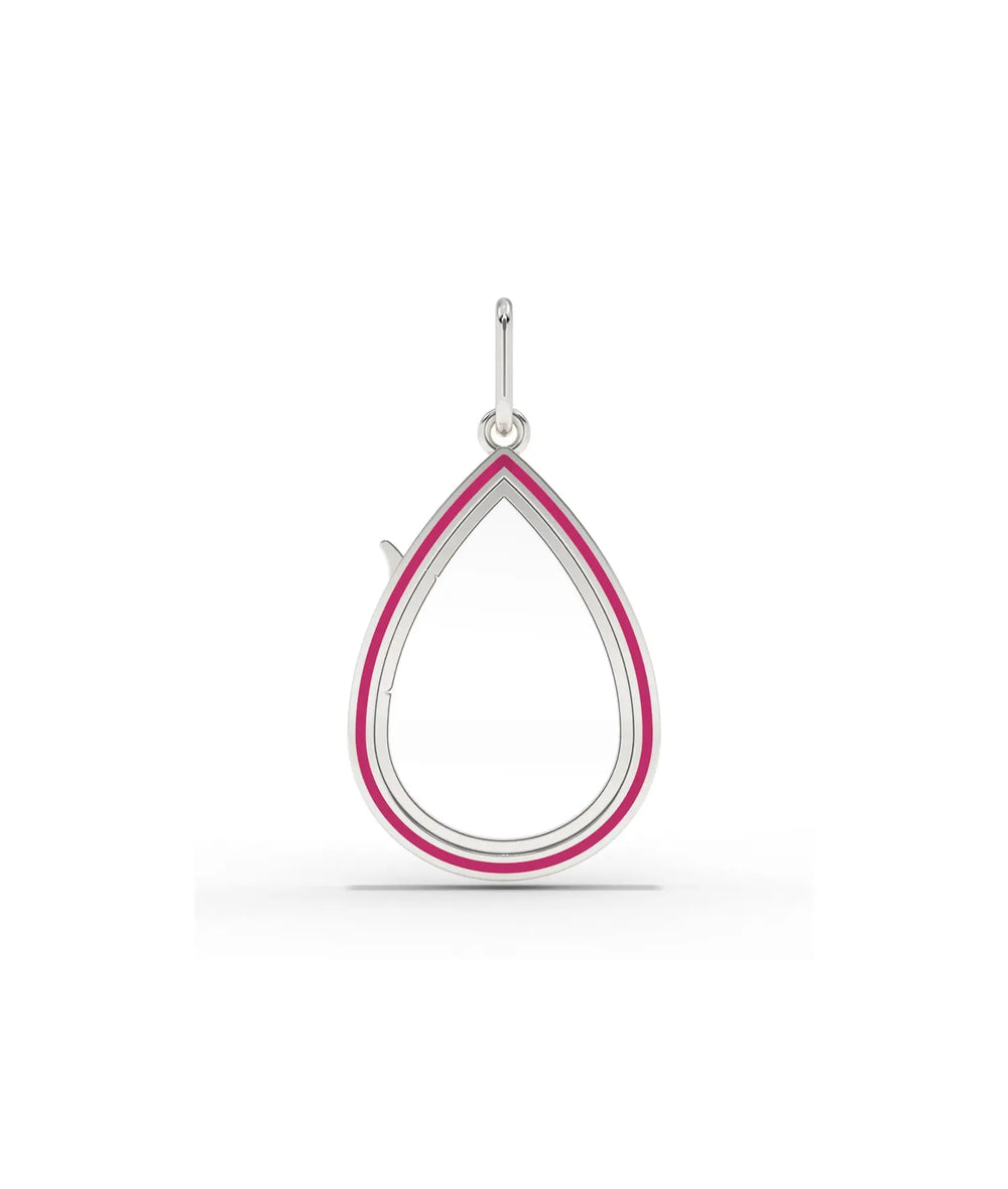 White gold enamel pear shape glass locket charm with vibrant enamel work