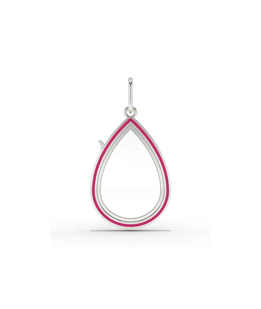 White gold enamel pear shape glass locket charm with vibrant enamel work