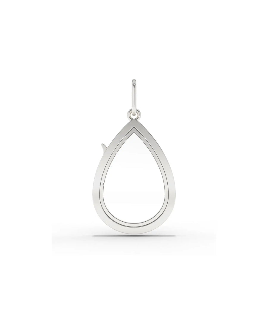 White gold solid gold pear shape glass locket charm with clear glass panel