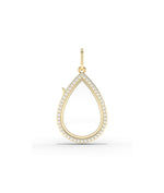 Diamond pear shape glass locket charm front view in yellow gold with sparkling stones