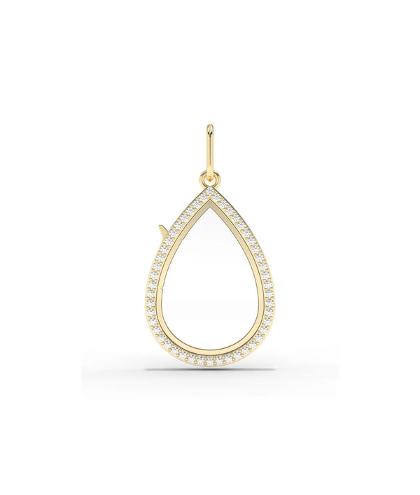 Diamond pear shape glass locket charm front view in yellow gold with sparkling stones alternate view
