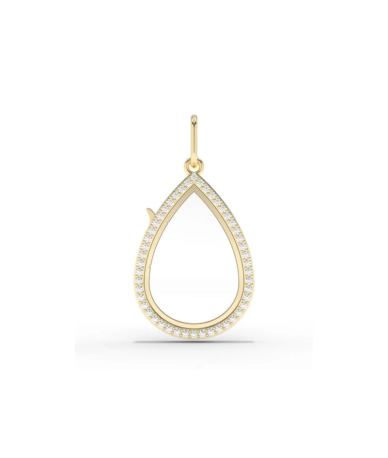 Diamond pear shape glass locket charm front view in yellow gold with sparkling stones