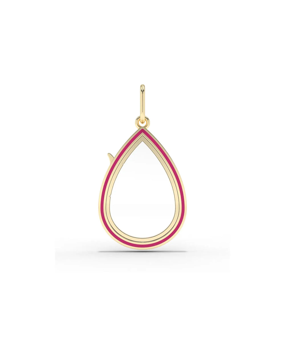 Enamel pear shape glass locket charm front view in yellow gold with colorful accents