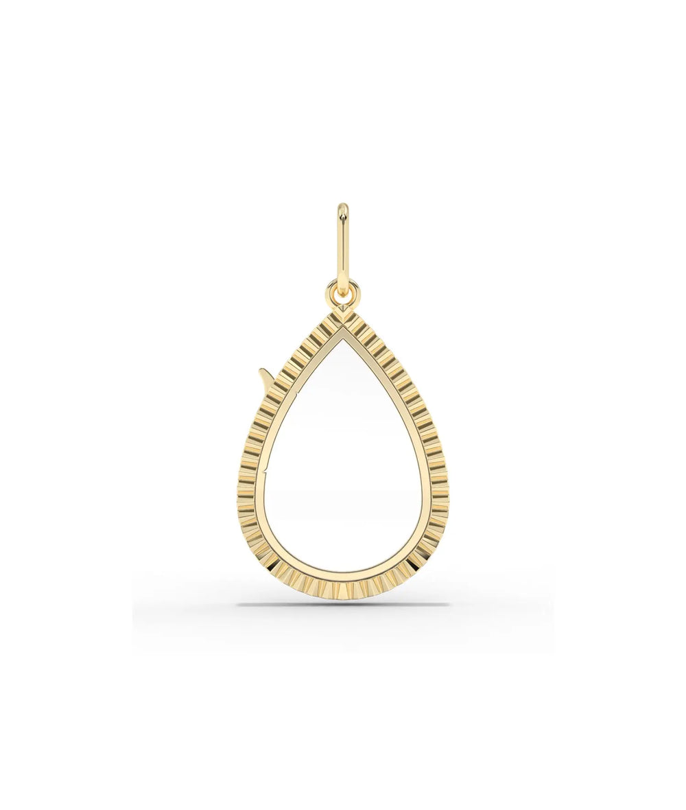 Fluted pear shape glass locket charm front view in yellow gold with textured detailing