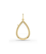 Fluted pear shape glass locket charm front view in yellow gold with textured detailing