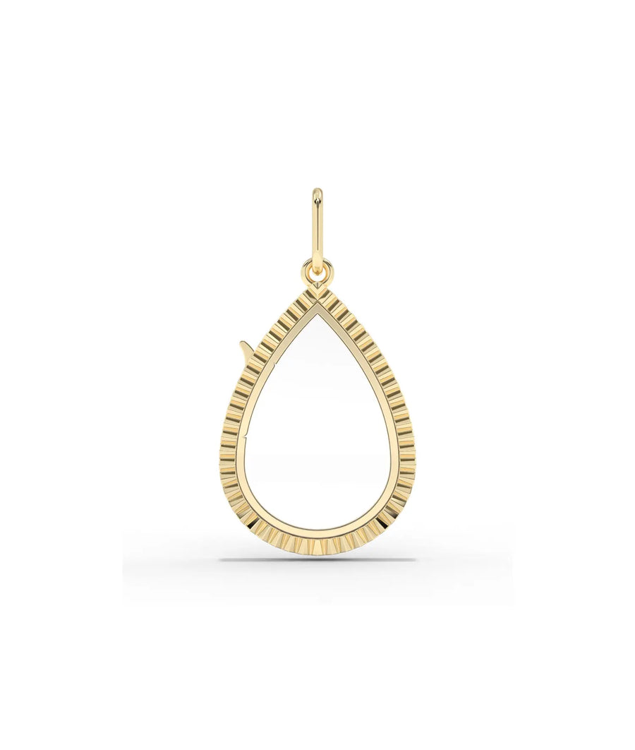 Fluted pear shape glass locket charm front view in yellow gold with textured detailing