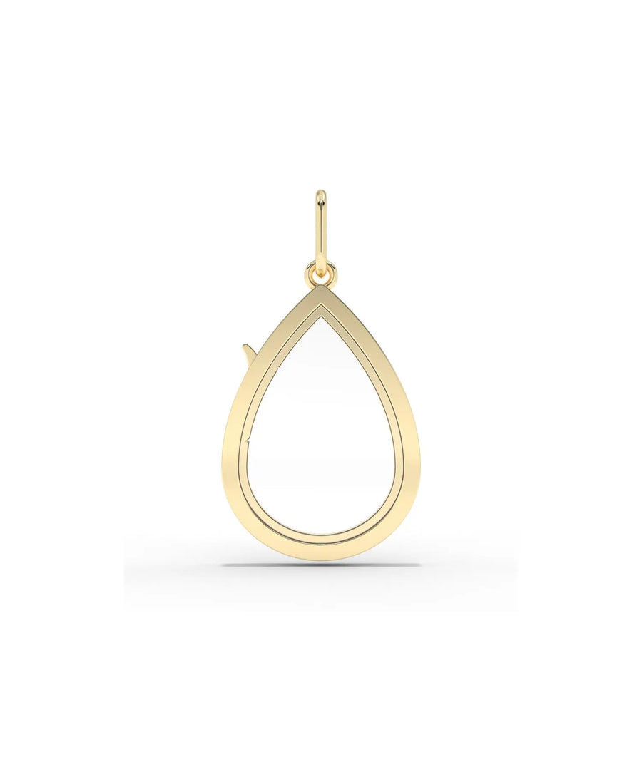 Solid gold pear shape glass locket charm front view in yellow gold finish