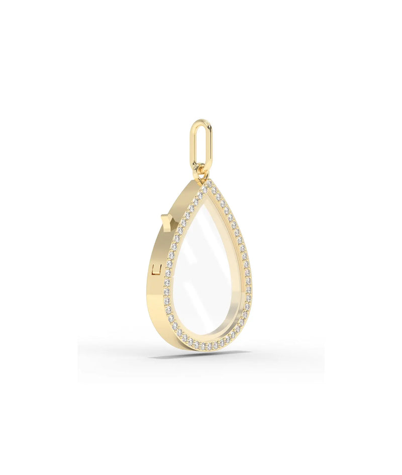 Side profile diamond pear shape glass locket charm showing diamond setting detail