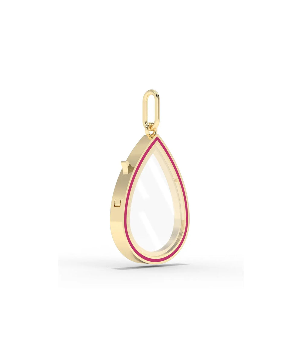 Side view enamel pear shape glass locket charm displaying opening latch detail