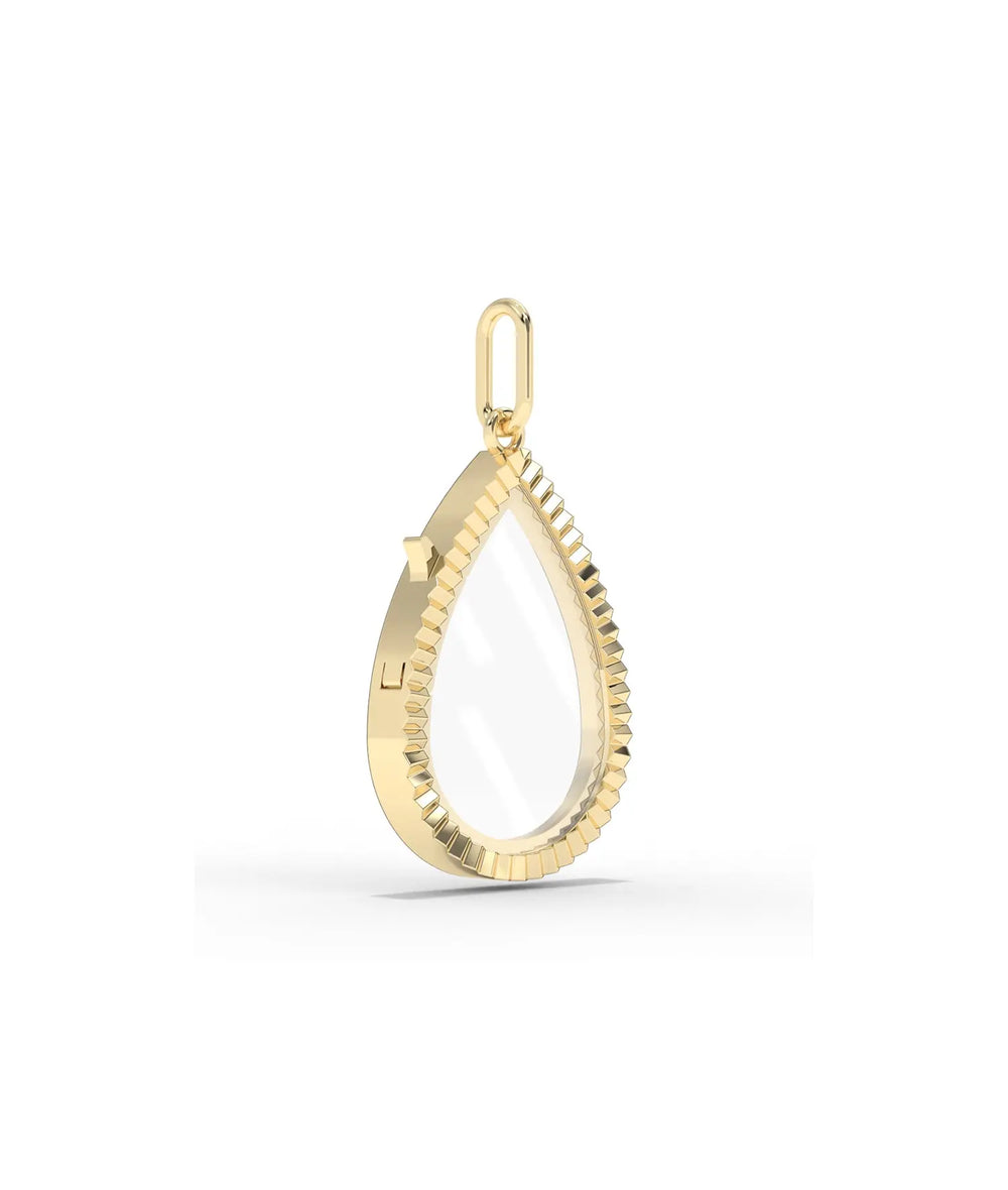 Side profile of fluted pear shape glass locket charm showing opening mechanism