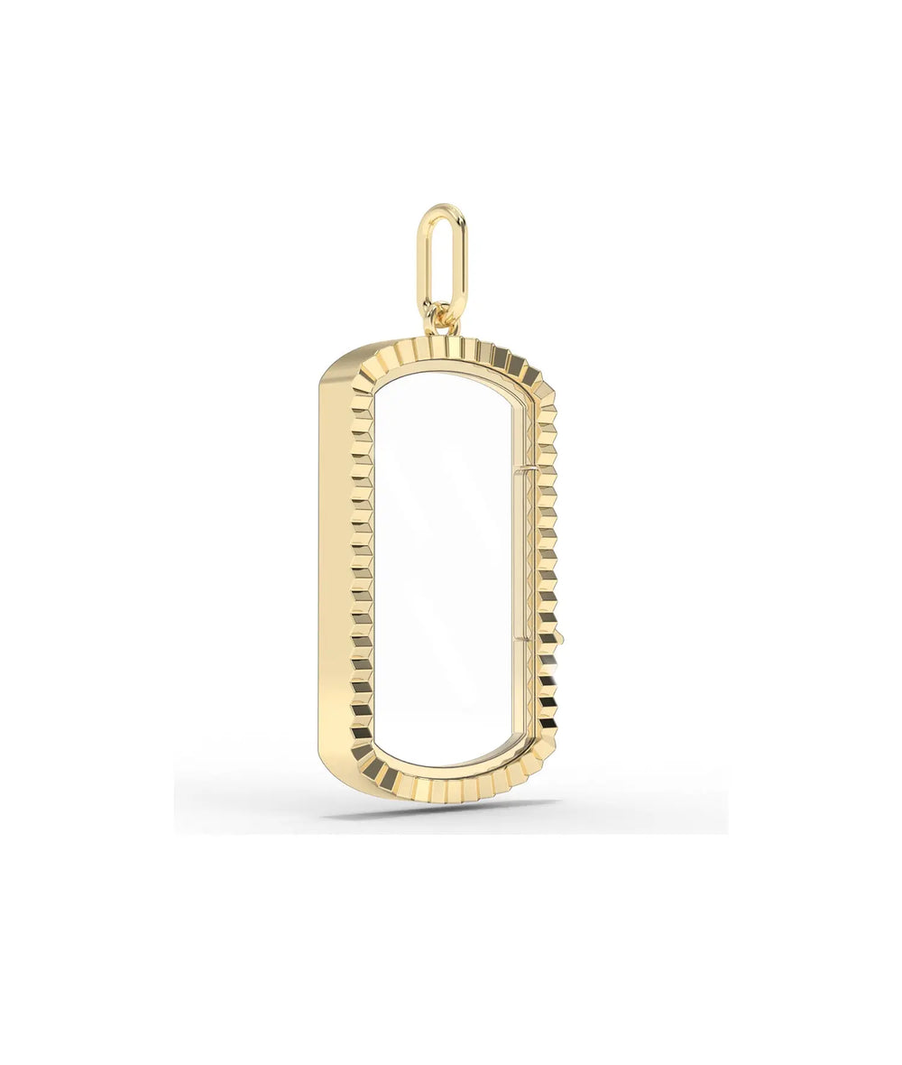 Oval glass locket 20x12mm fluted ridges gold frame closeup showing textured detail