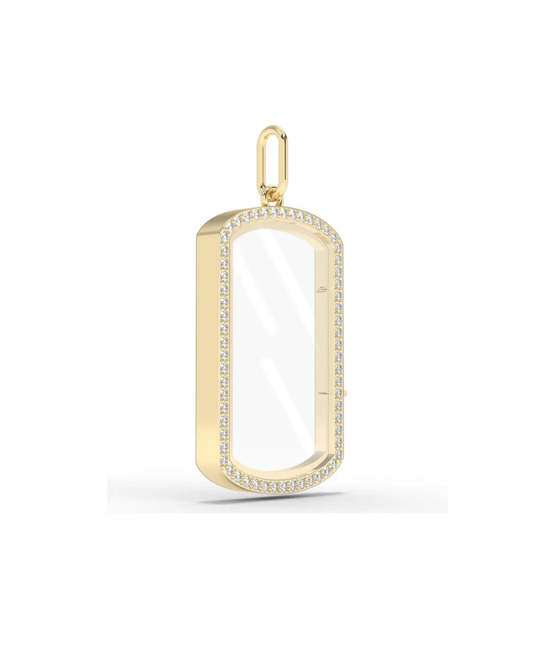 Side angle of diamond glass locket charm showing secure opening latch