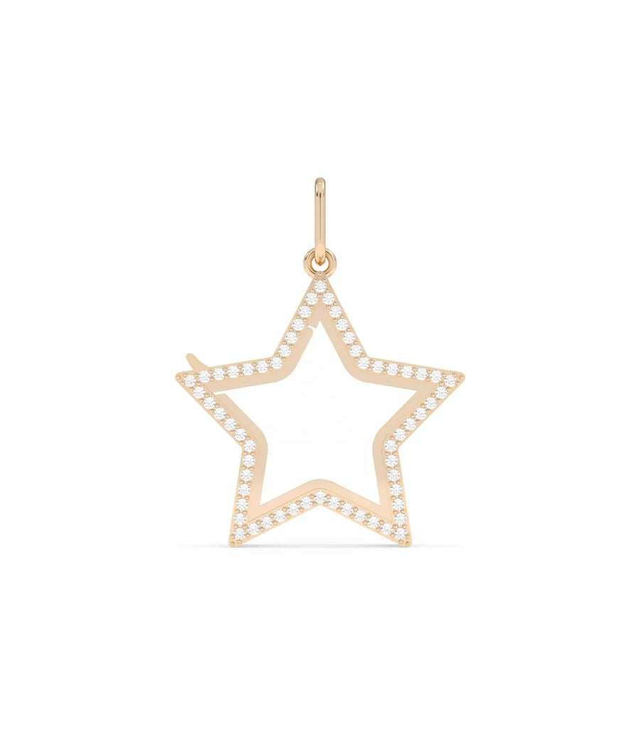 Star shaped glass locket 25mm diamond settings gold frame closeup showing brilliant detail