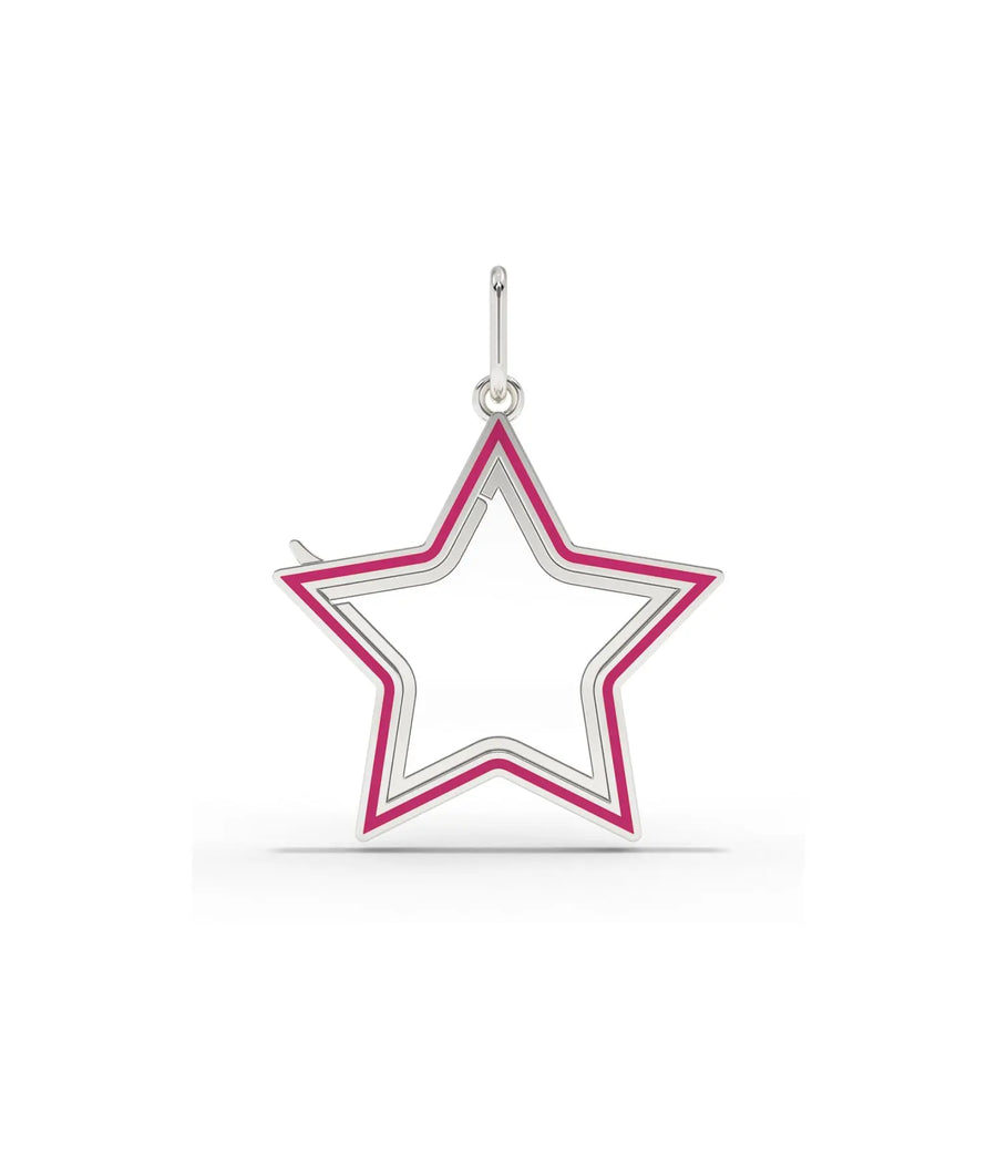 Gold enamel star locket 25mm worn on chain necklace colorful statement piece display