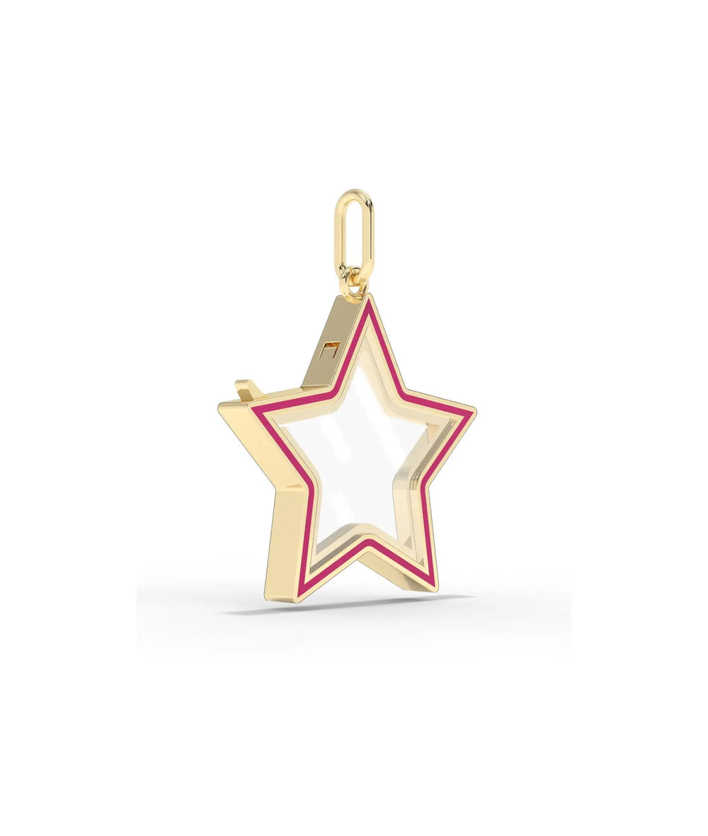 Star shaped glass locket 25mm enamel design gold frame closeup showing color detail