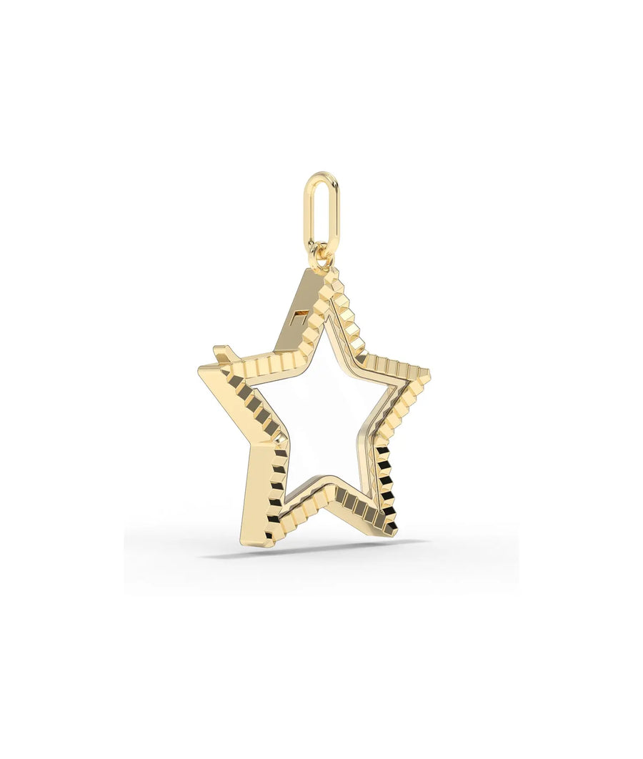 Star shaped glass locket 25mm fluted texture gold frame closeup showing ridge detail