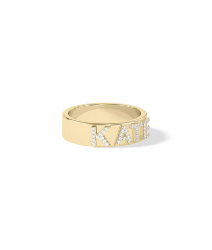 Custom name band ring showing diamond embellishments and inscription space