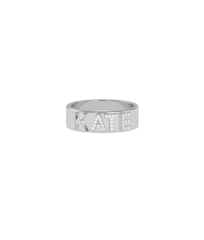 Custom name ring overhead angle highlighting personalization and diamonds