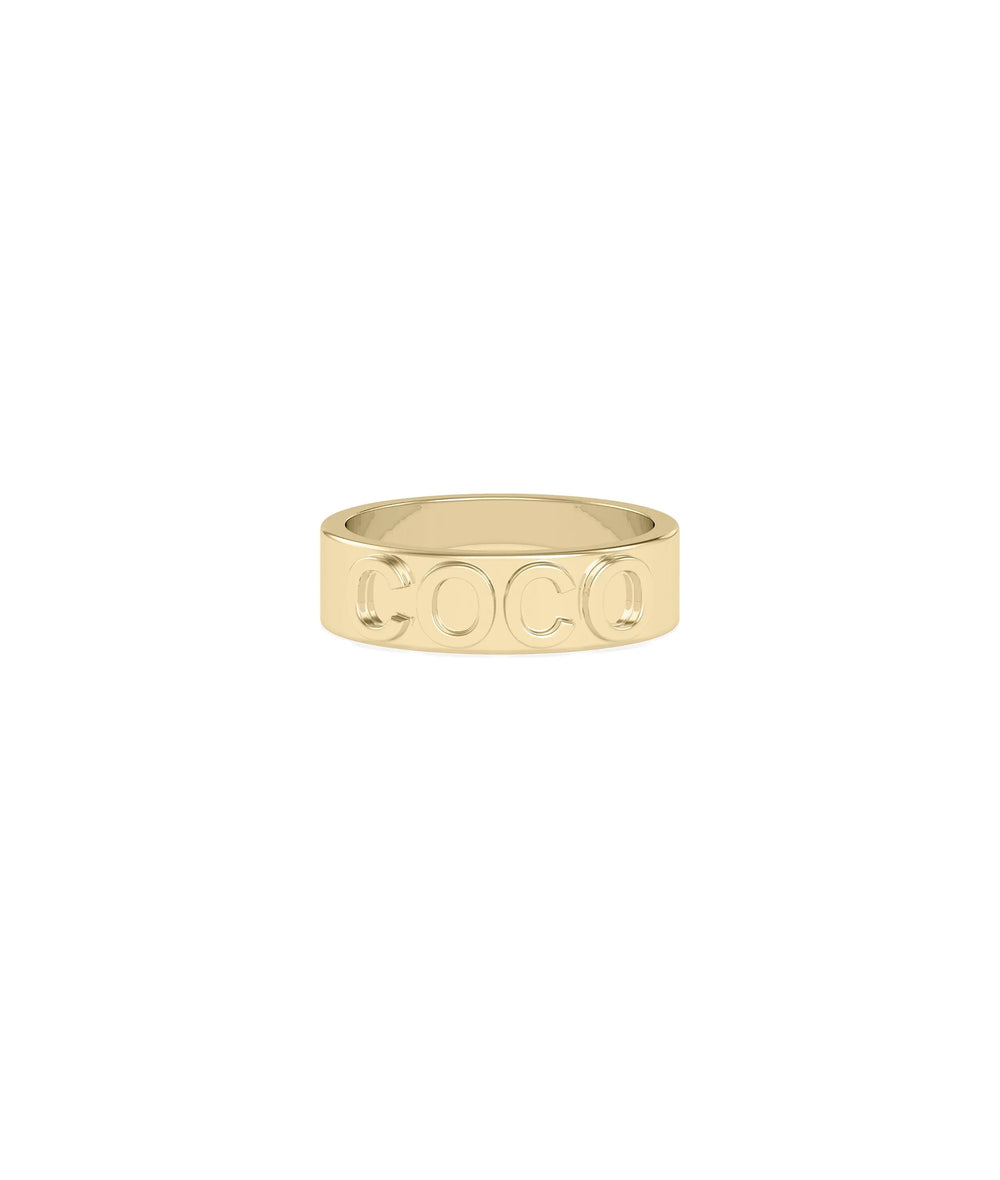Gold Name Band Ring side profile displaying 6mm band width and depth