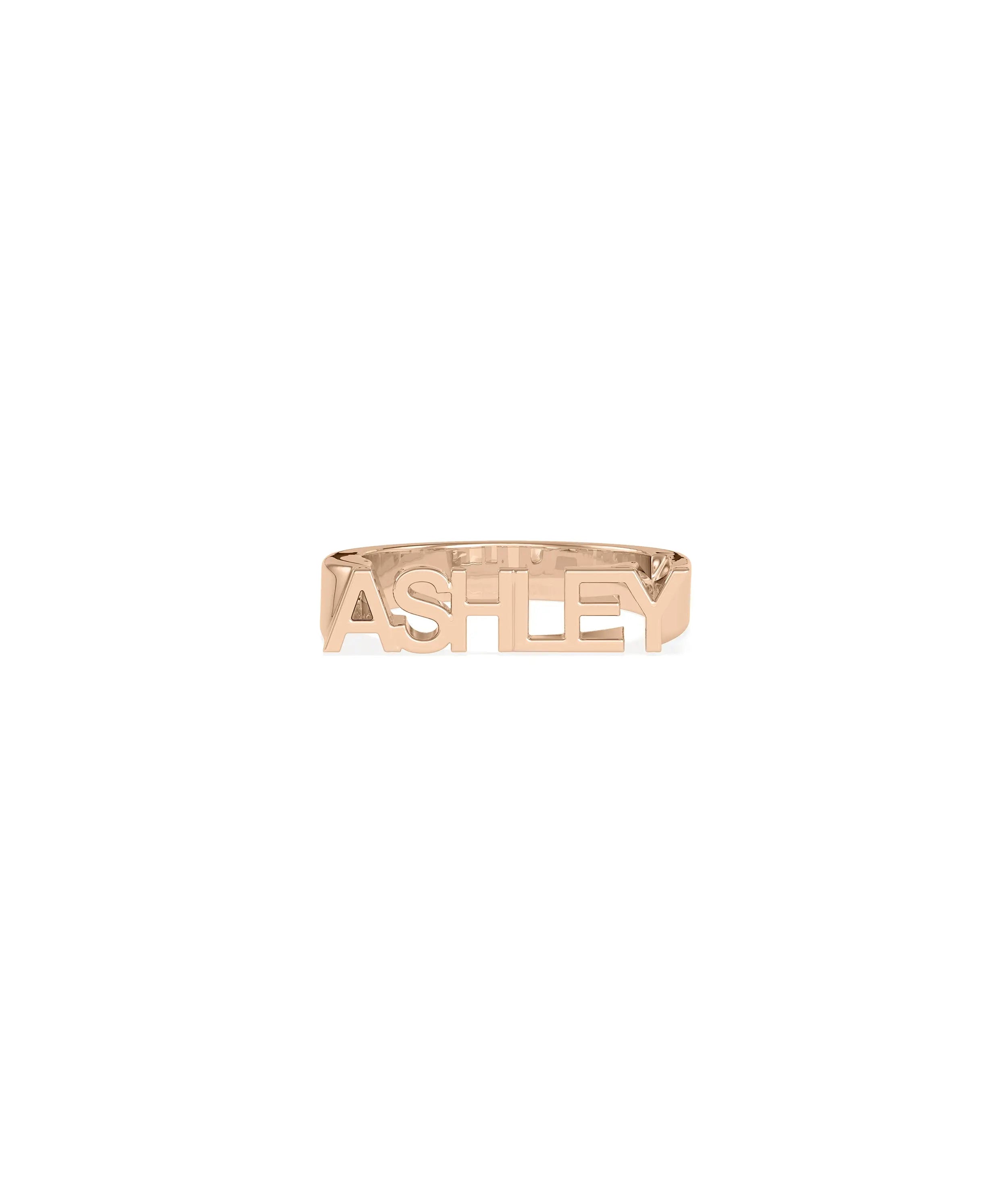 Gold Name Ring on hand showing statement initial and comfortable fit