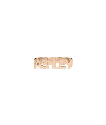 Gold Name Ring on hand showing statement initial and comfortable fit