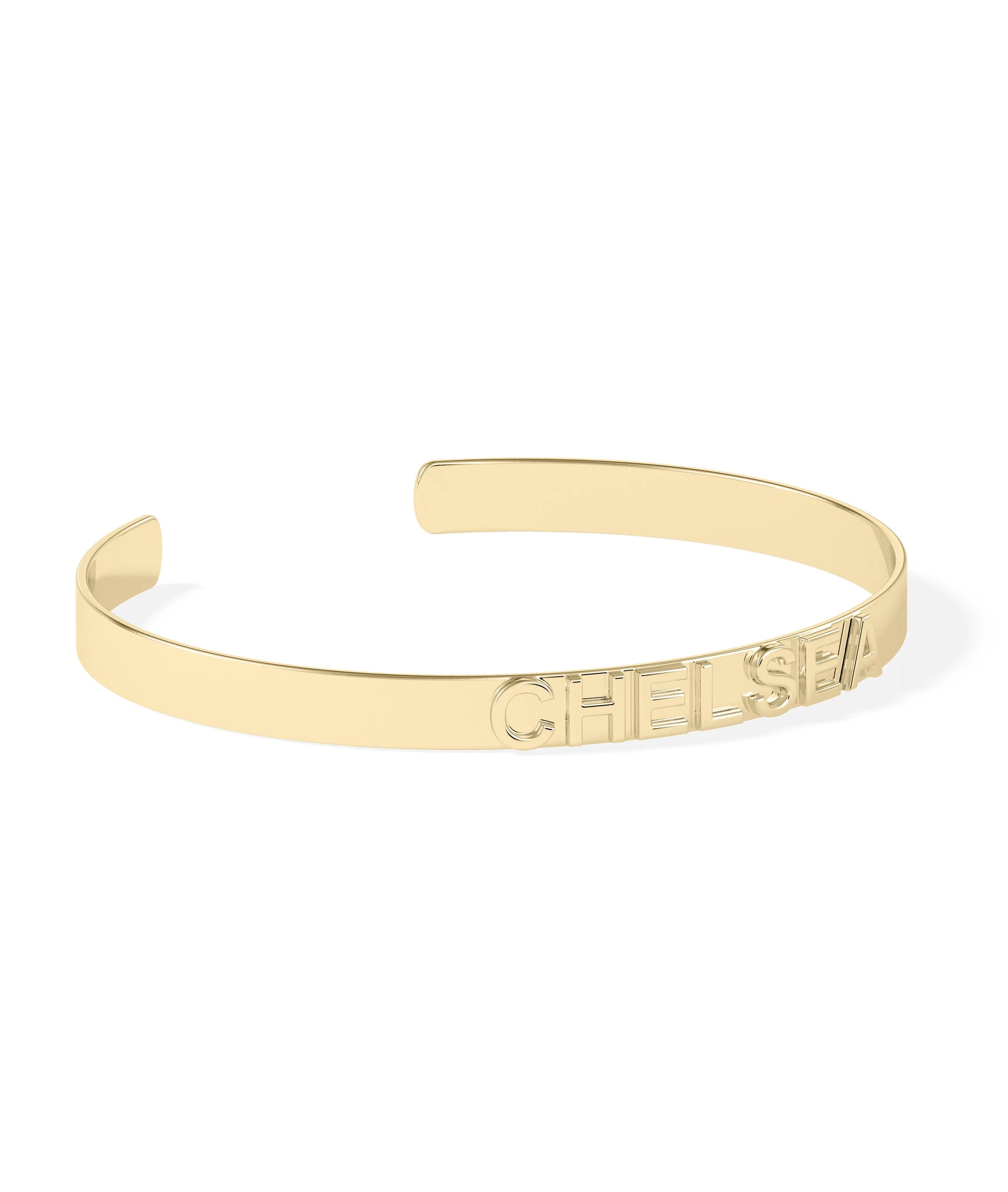 Custom name cuff bangle showing bold letter design and open back detail