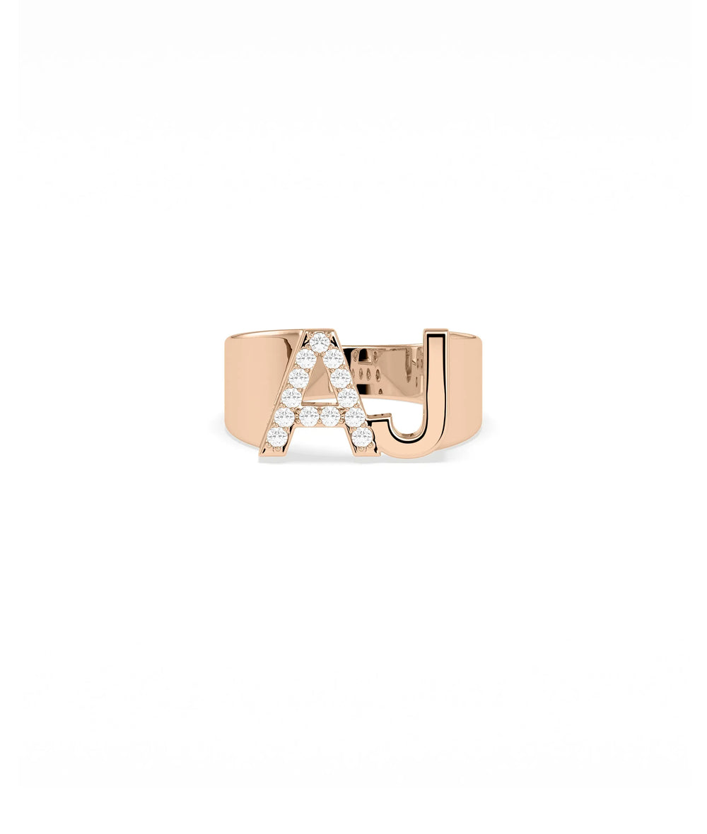 Bold Diamond and Gold Initials Ring on hand dramatic presence and sparkle