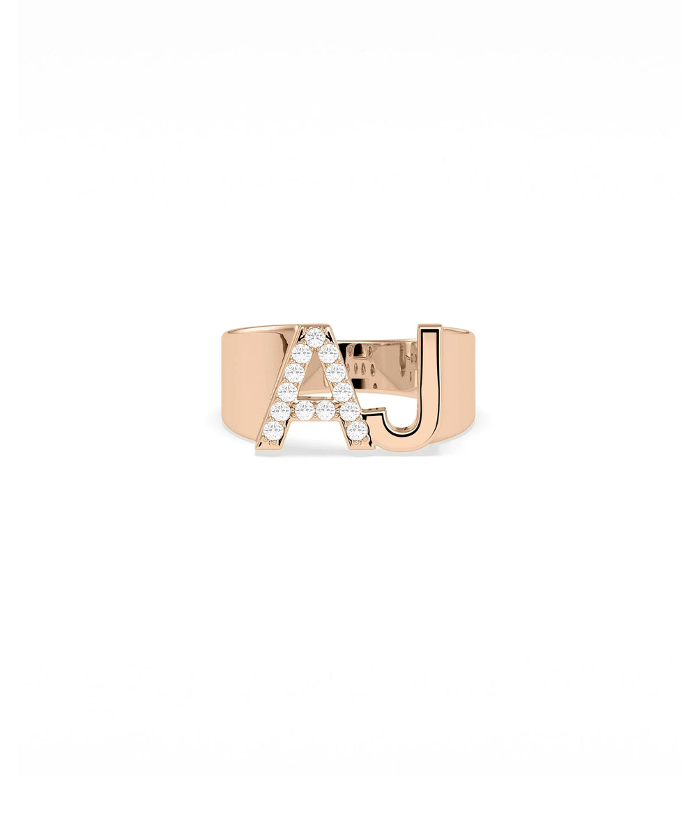 Bold Diamond and Gold Initials Ring on hand dramatic presence and sparkle