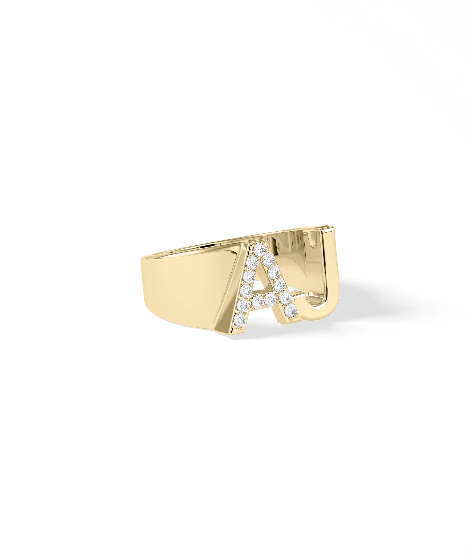 Statement diamond initial ring showing sparkle and oversized letter design