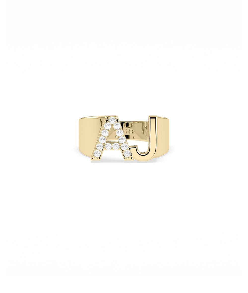 Bold Diamond and Gold Initials Ring 10mm personalized letters with diamonds