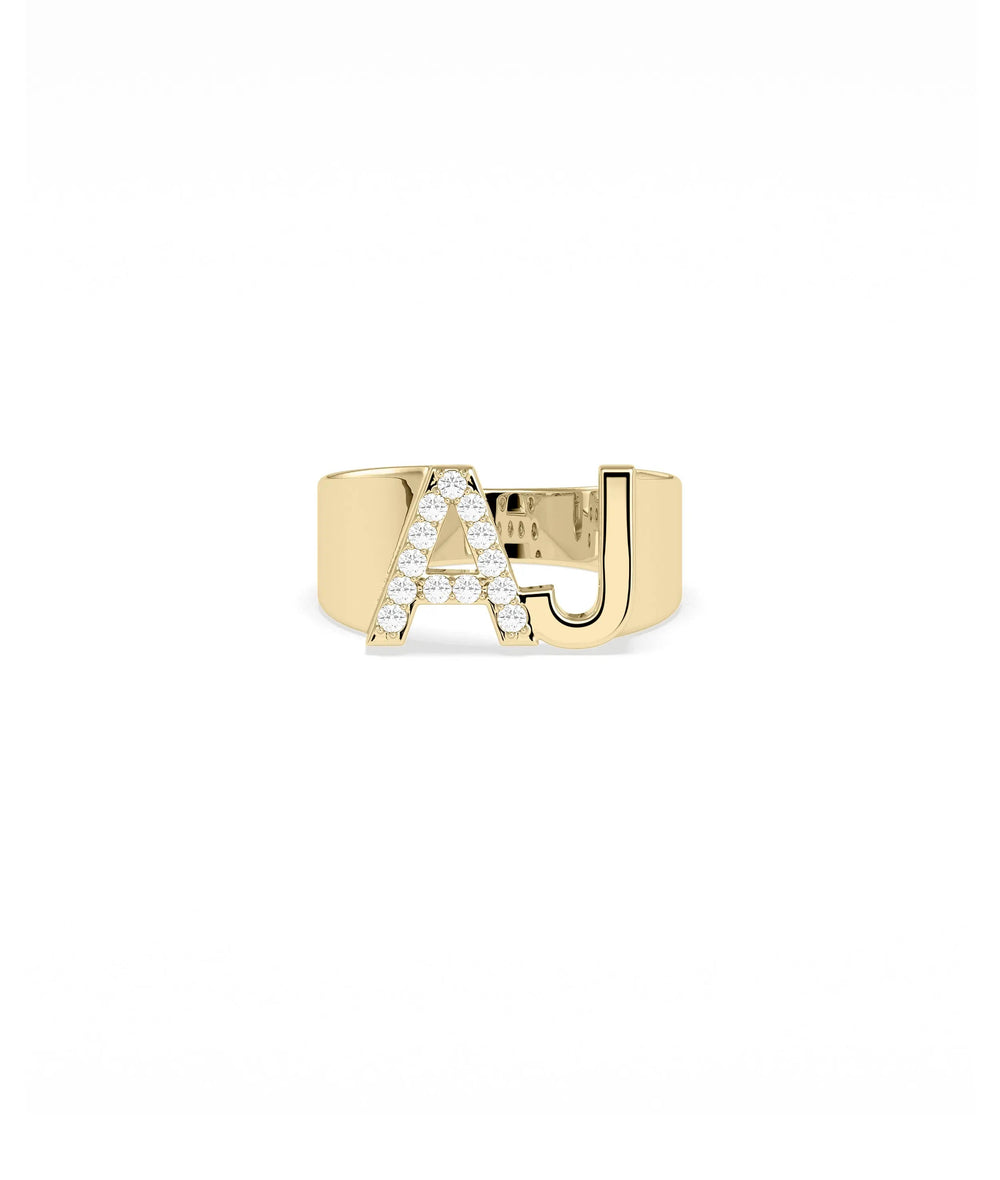 Bold Diamond and Gold Initials Ring 10mm personalized letters with diamonds