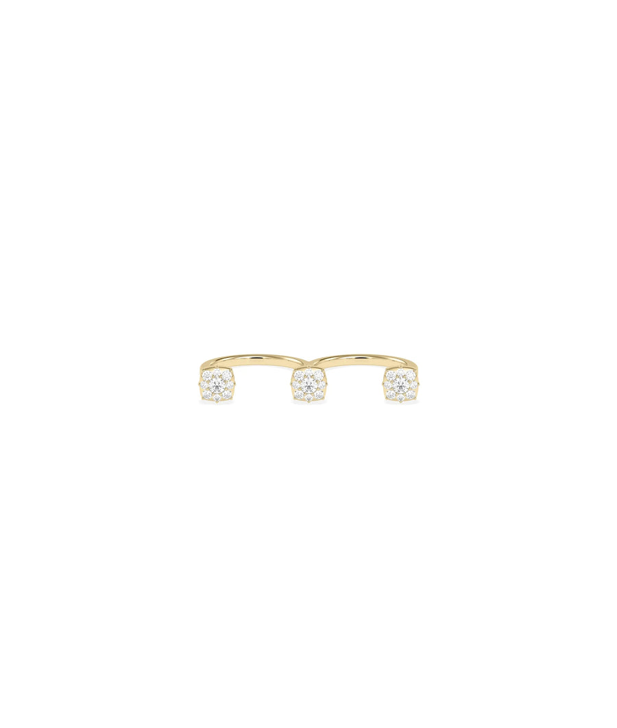 Trilogy 2 Finger Ring spanning two fingers with diamond trilogy design